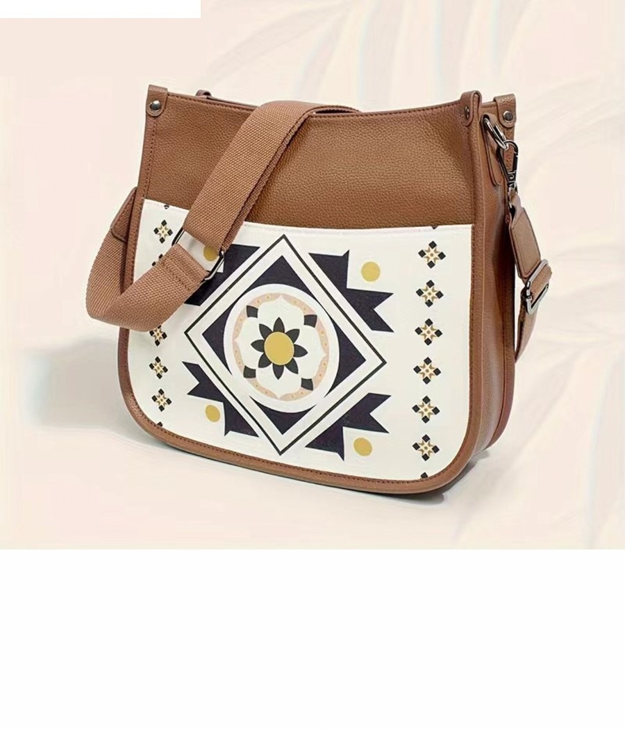 Geometric print crossbody bag in ivory and cognac