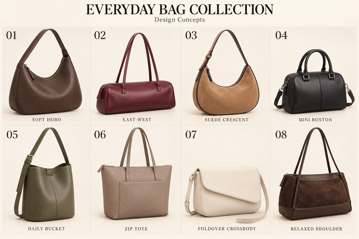 Everyday Bag Collection Vol. 1 concept board — 8 handbag designs