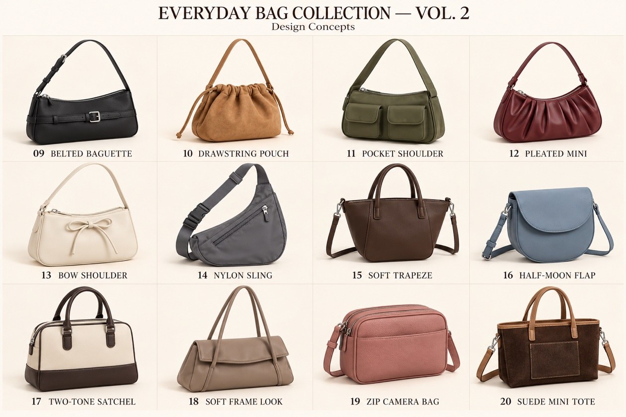Everyday Bag Collection Vol. 2 concept board — 12 handbag designs