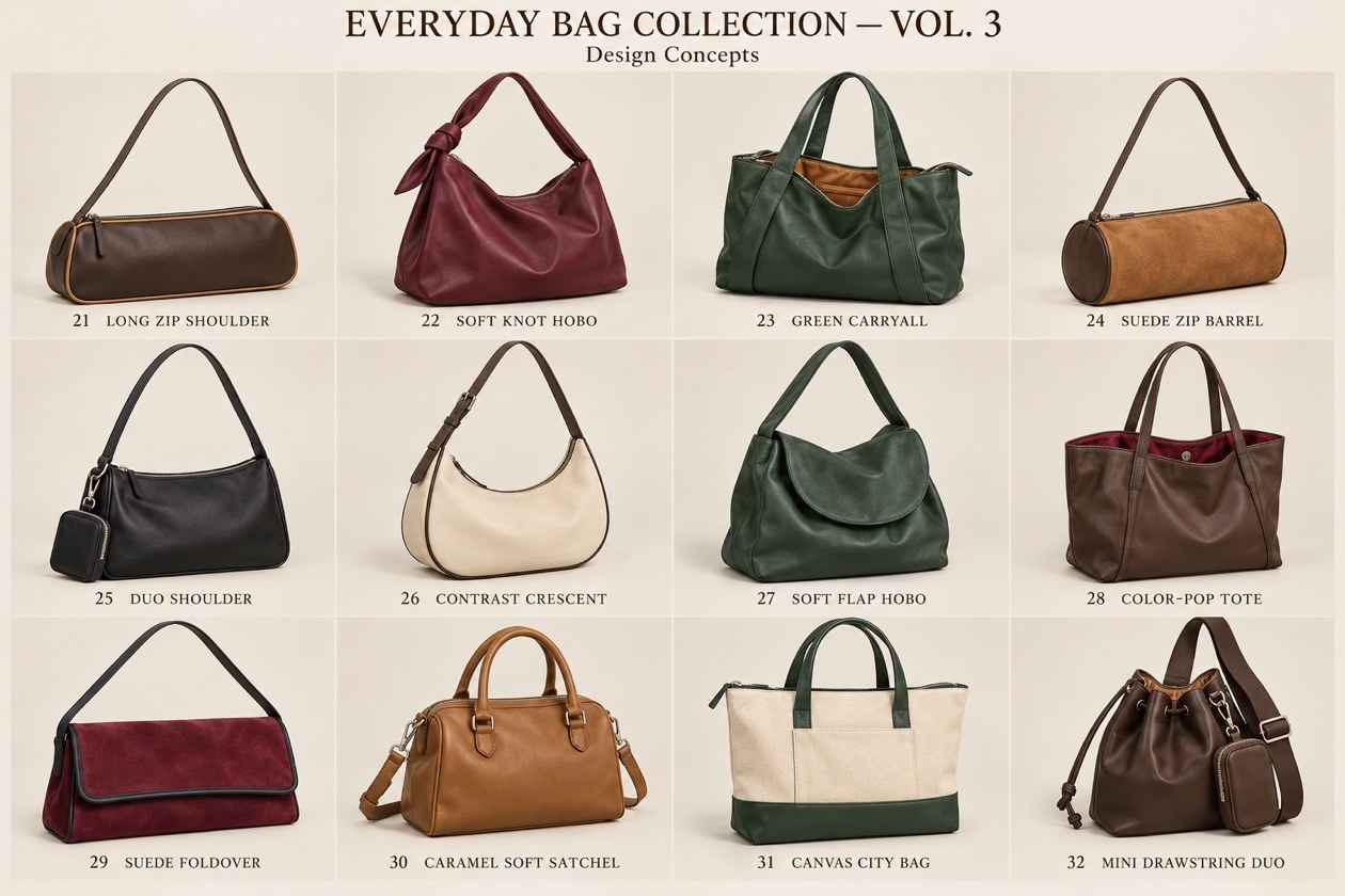 Everyday Bag Collection Vol. 3 concept board — 12 handbag designs